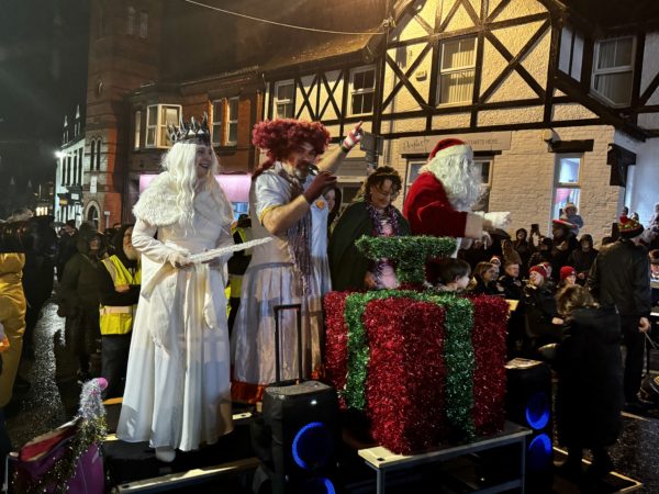 The panto duo, the white witch and Santa prepare to switch on the lights